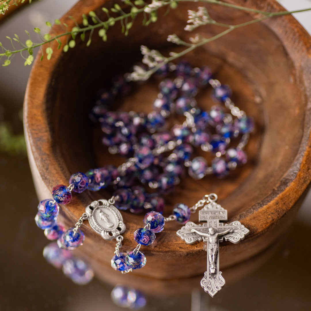 Rosary - Glass Flower Bead - Sapphire - Silver Plated Brass