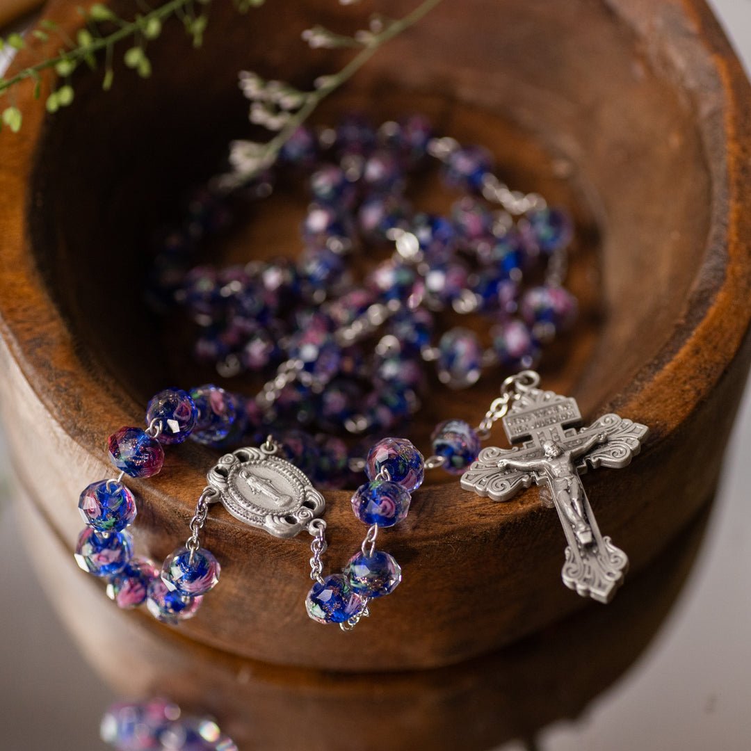 Rosary - Glass Flower Bead - Sapphire - Silver Plated Brass