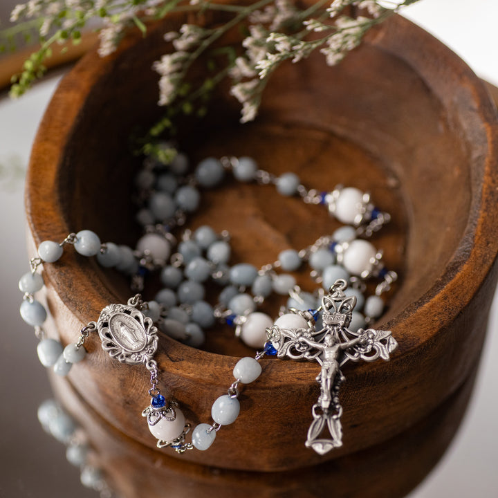 Rosary - Marble Glass - Lt Gray - White Capped Paters