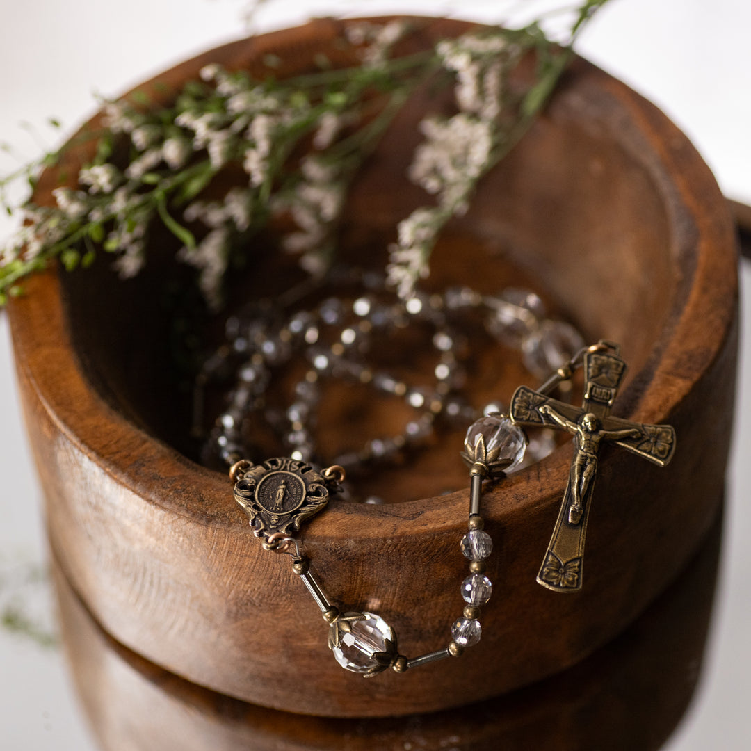 Rosary - Grey Crystal - Bronze Finish - Faceted