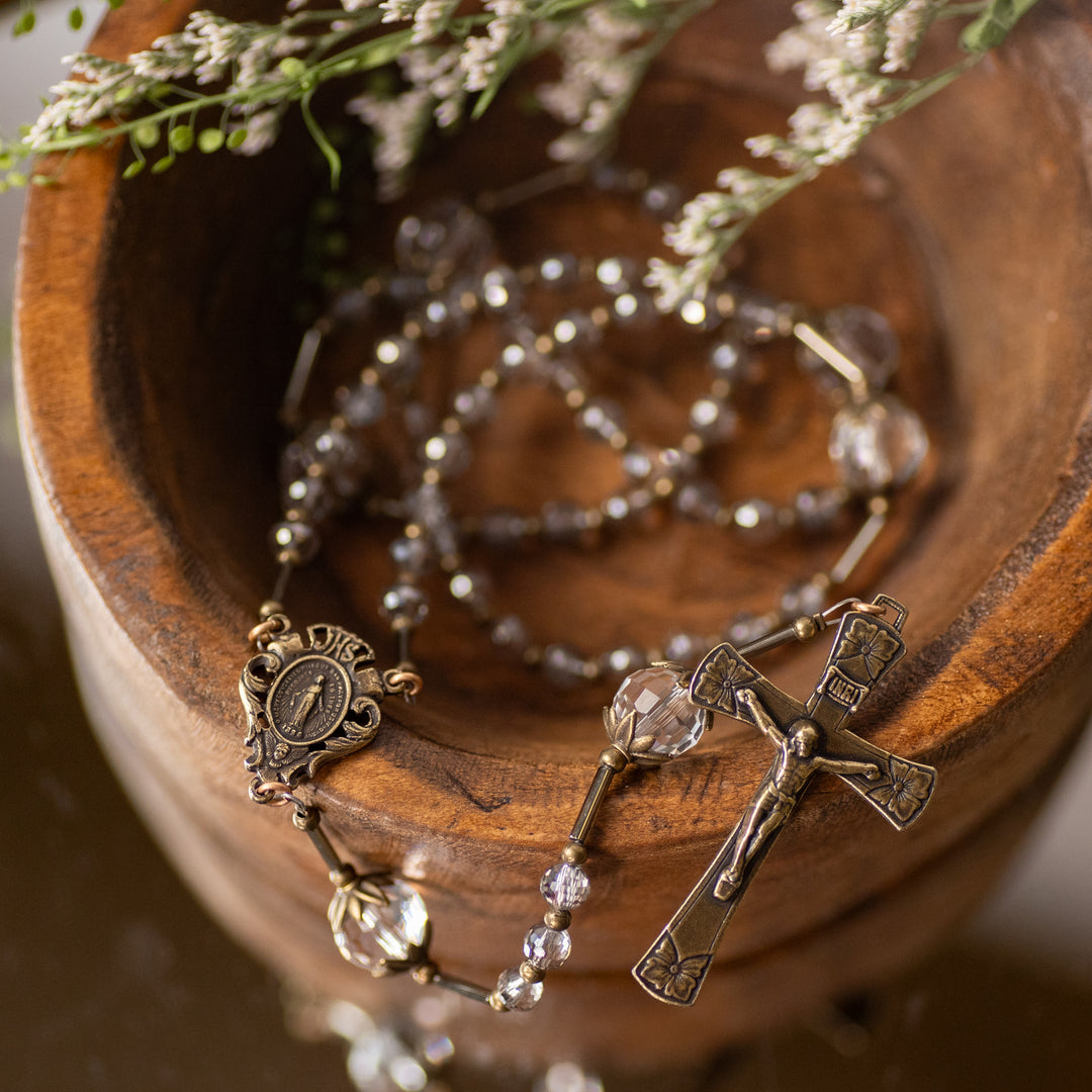 Rosary - Grey Crystal - Bronze Finish - Faceted