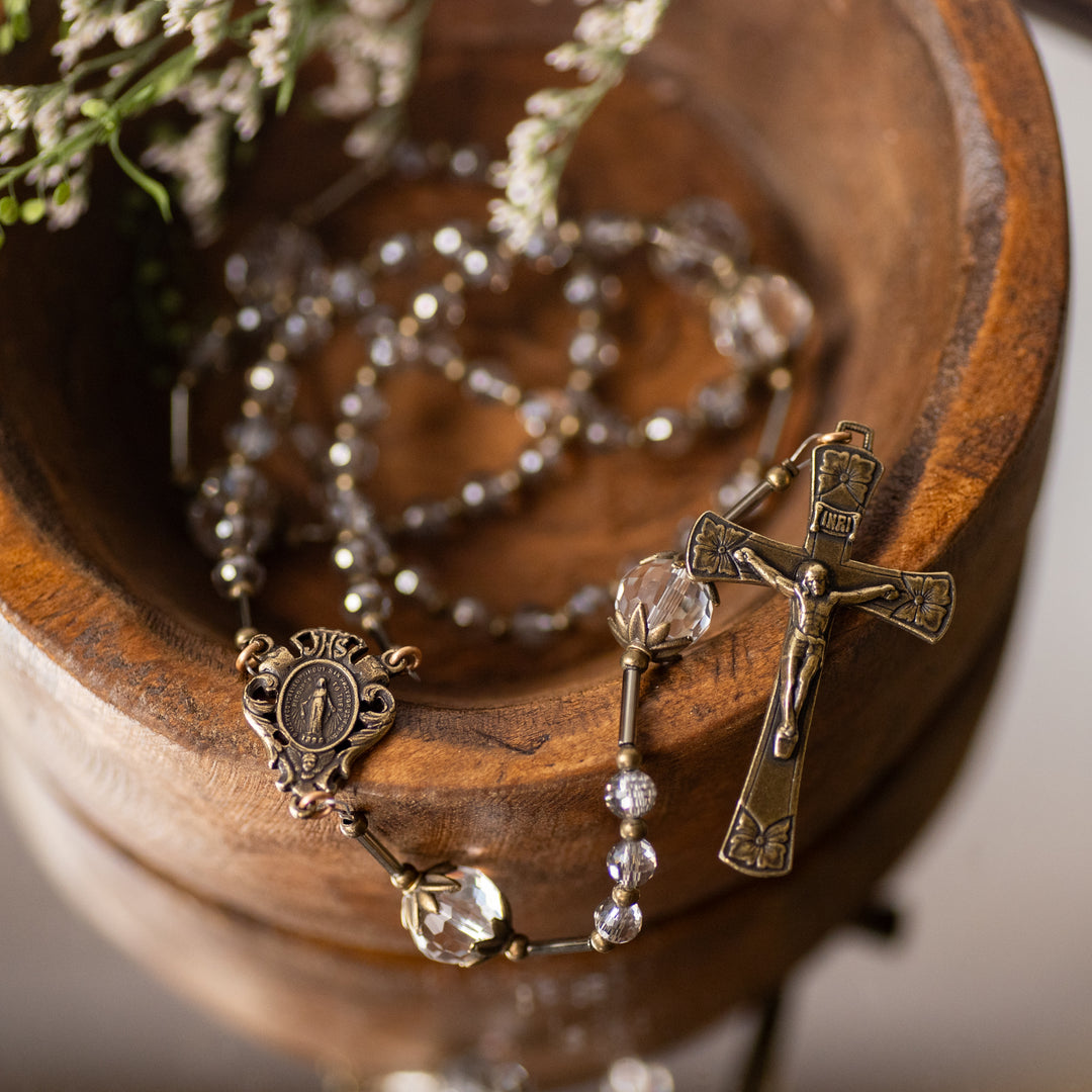 Rosary - Grey Crystal - Bronze Finish - Faceted