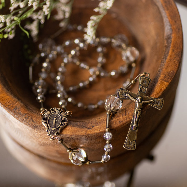 Rosary - Grey Crystal - Bronze Finish - Faceted