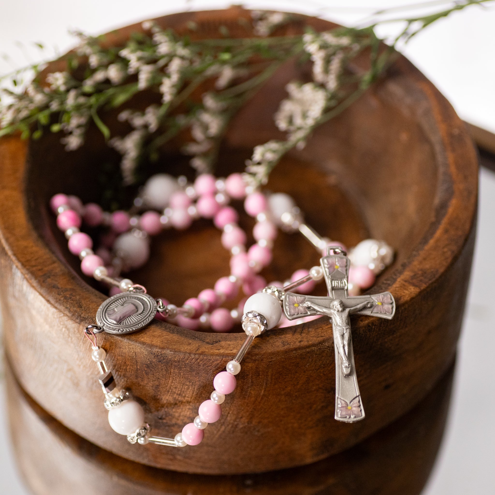 Rosary - Pink Agate - Wire - Pewter Epoxy