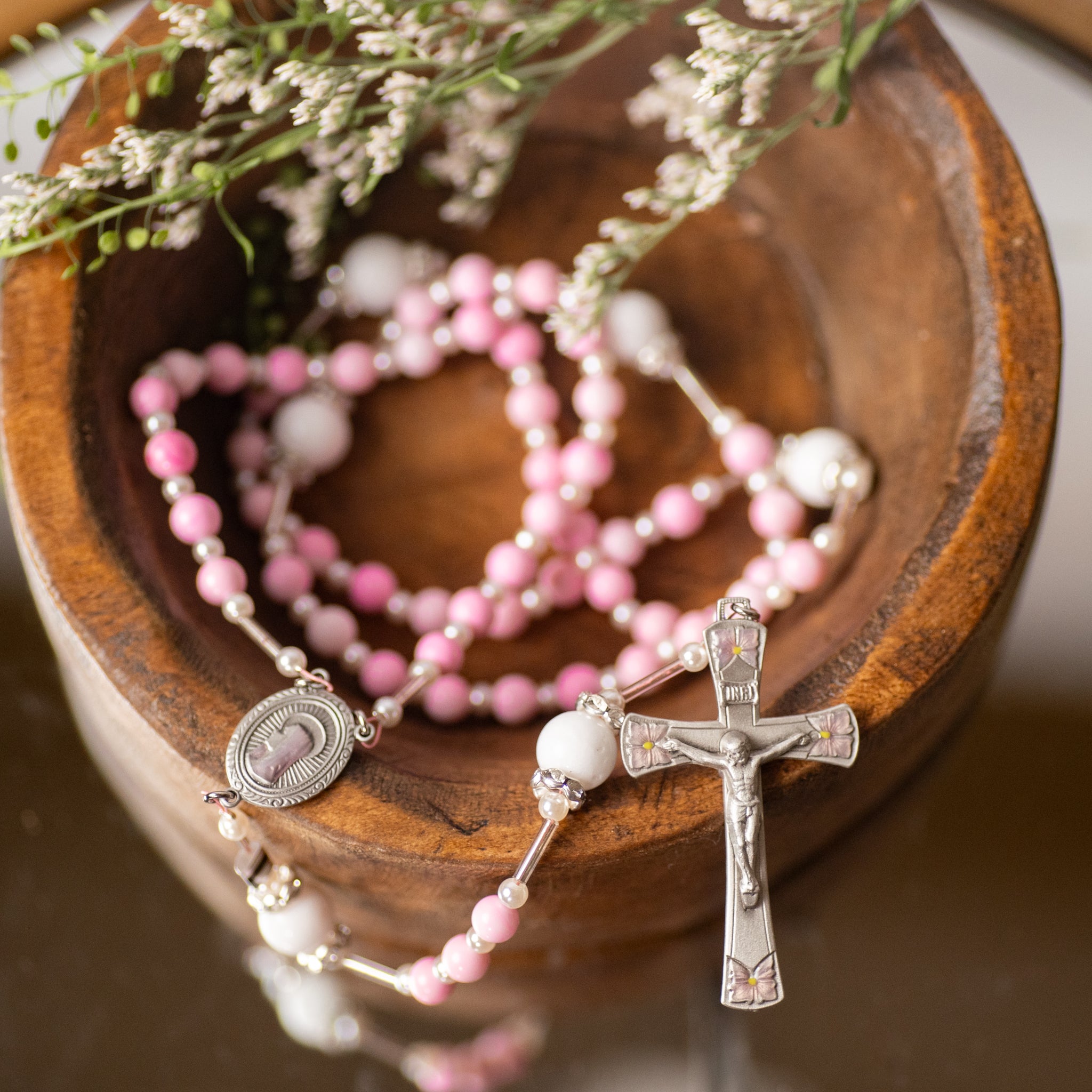 Rosary - Pink Agate - Wire - Pewter Epoxy