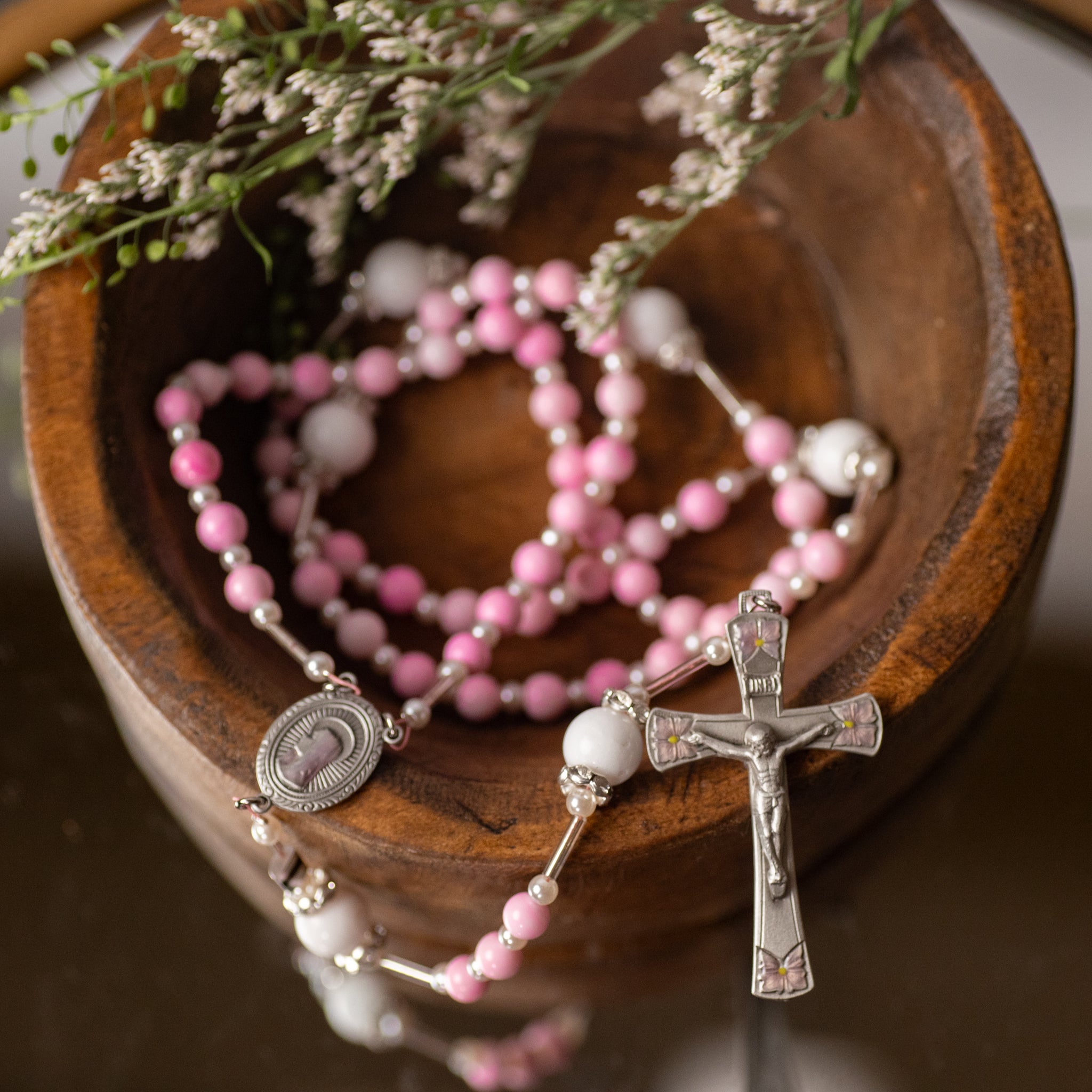 Rosary - Pink Agate - Wire - Pewter Epoxy