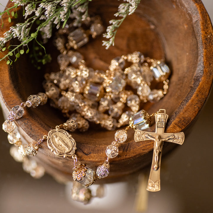 Rosary - Clear - Faceted Glass/Tulip Capped BEads - Brass Crucifix/Center