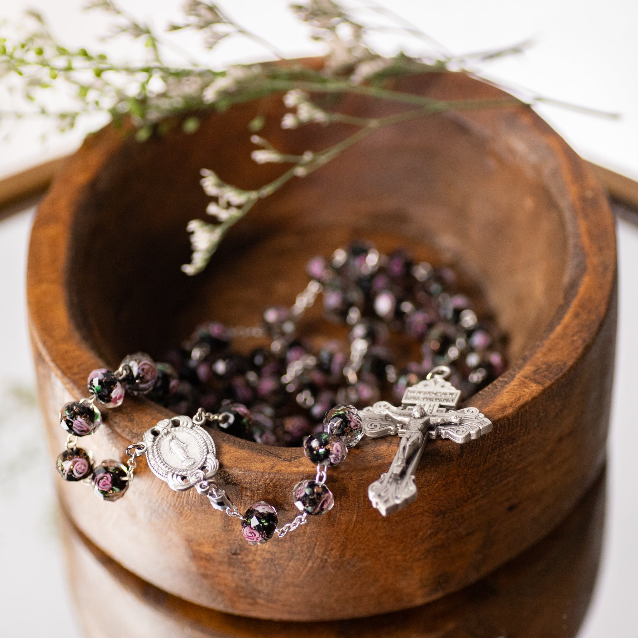 Rosary - Glass Flower Bead - Black