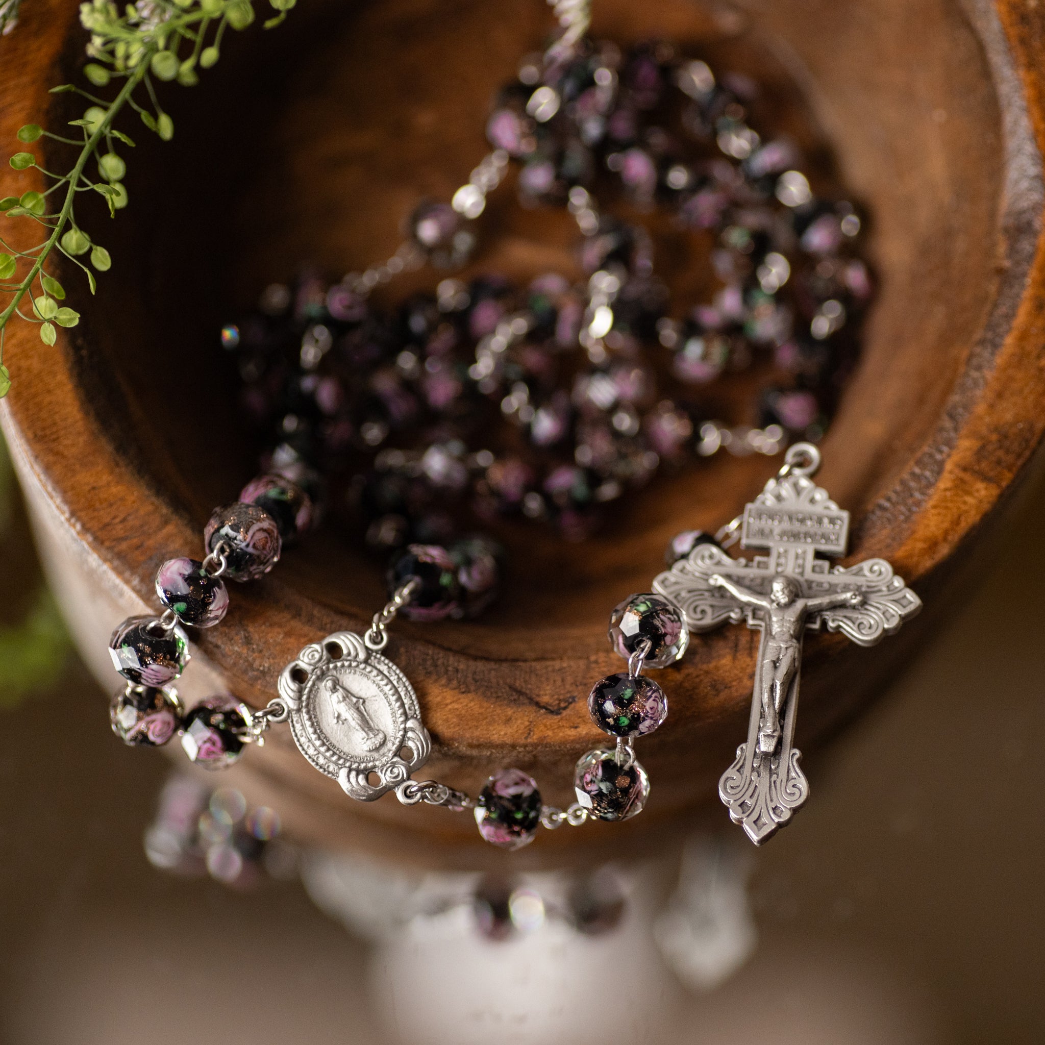 Rosary - Glass Flower Bead - Black