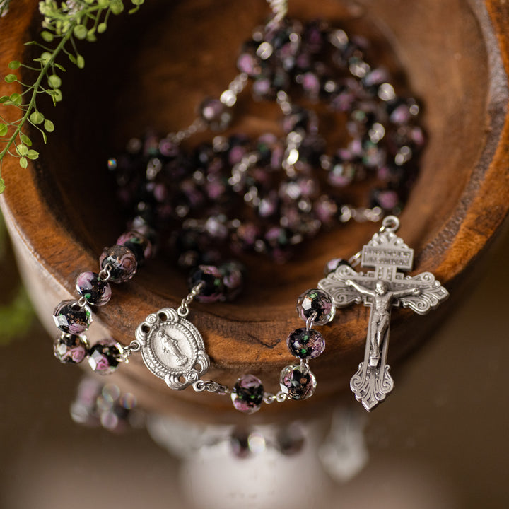 Rosary - Glass Flower Bead - Black