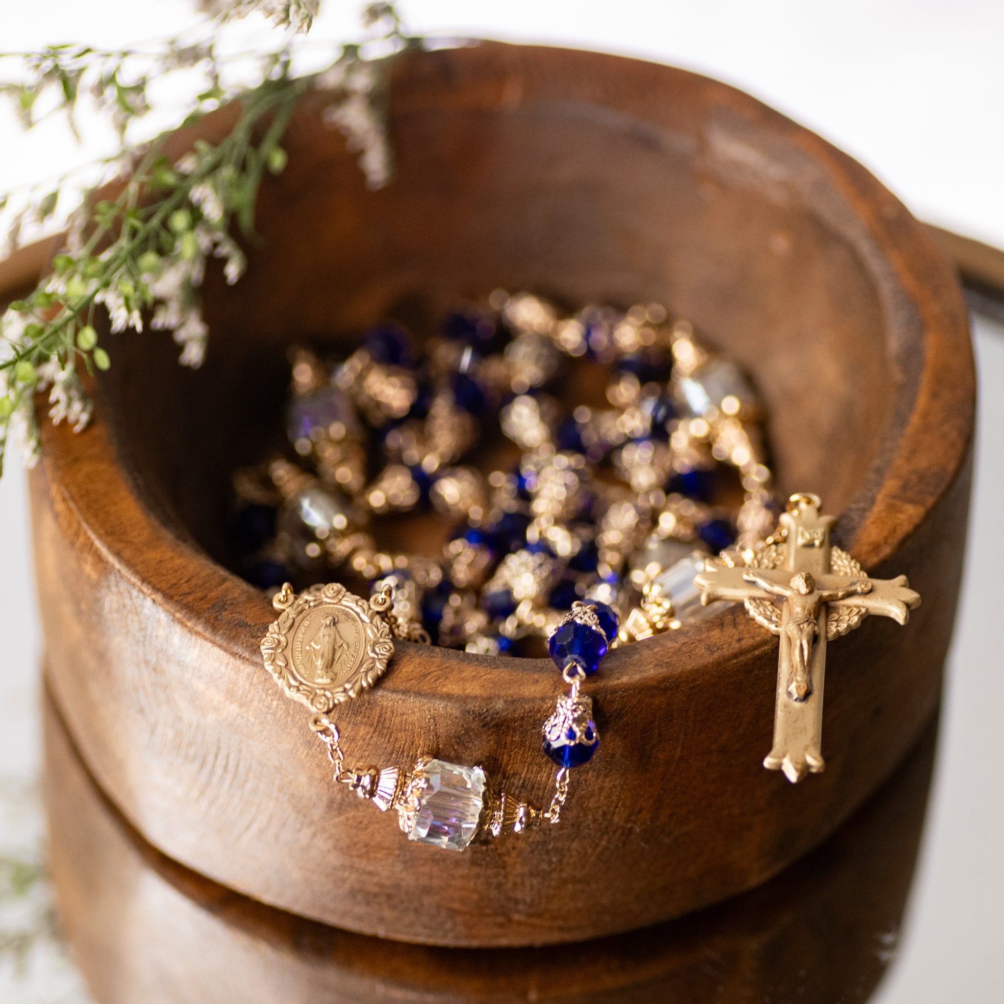 Rosary - Cobalt Blue - Faceted Glass/Tulip Capped Beads - Brass Crucifix/Center