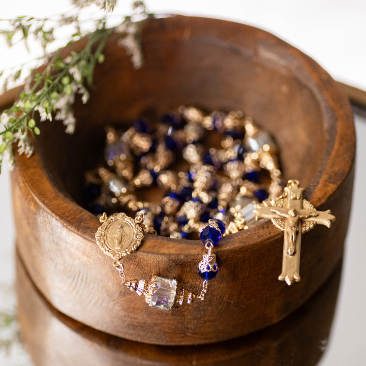 Rosary - Cobalt Blue - Faceted Glass/Tulip Capped Beads - Brass Crucifix/Center