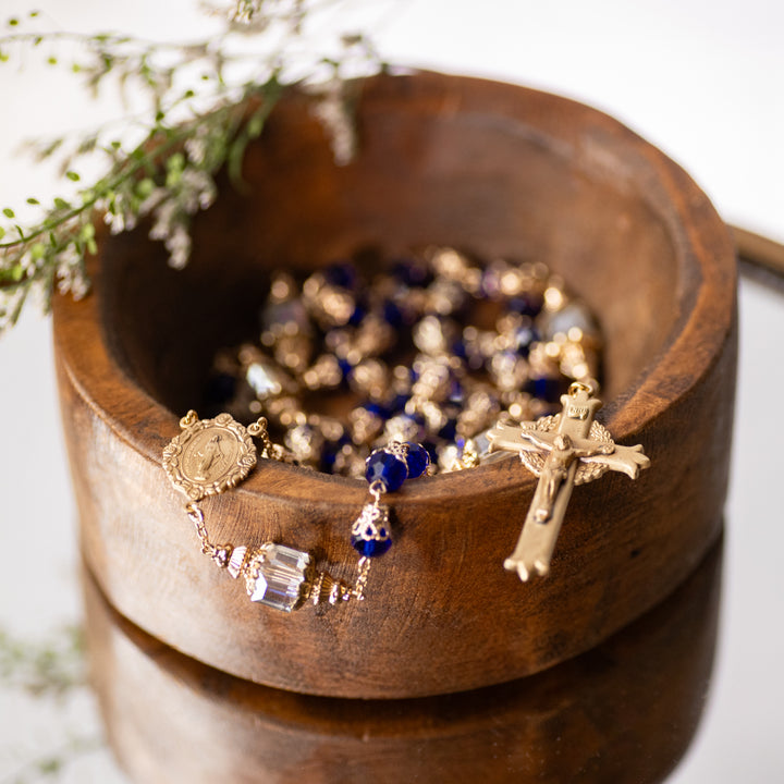 Rosary - Cobalt Blue - Faceted Glass/Tulip Capped Beads - Brass Crucifix/Center
