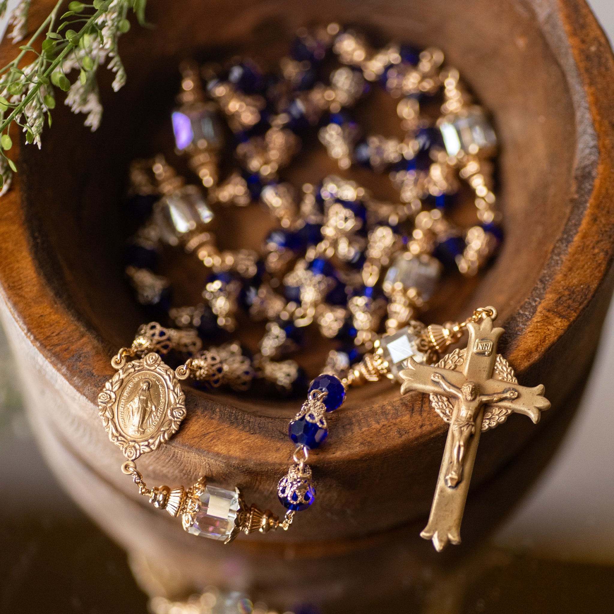 Rosary - Cobalt Blue - Faceted Glass/Tulip Capped Beads - Brass Crucifix/Center