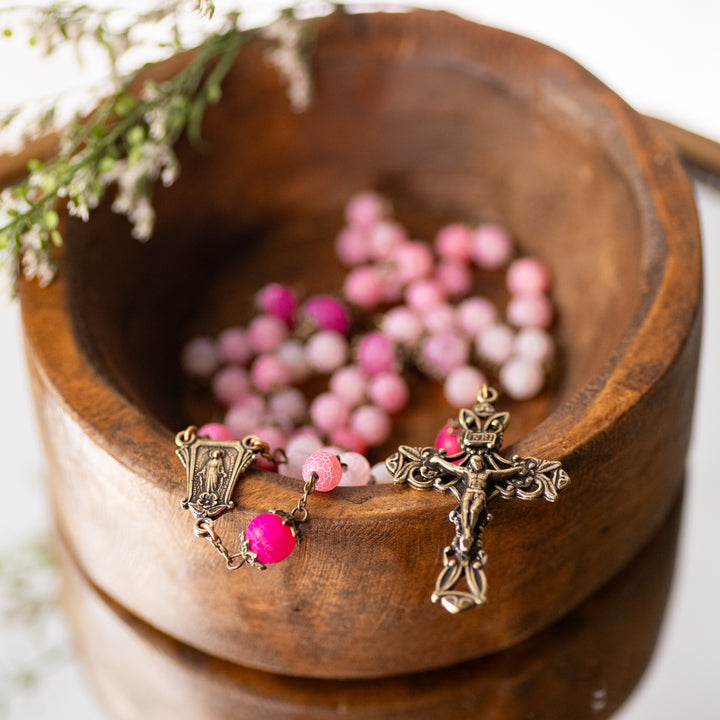 Rosary - Glass - Rose - Antique Bronze - Crackled - Capped Bead - 8mm