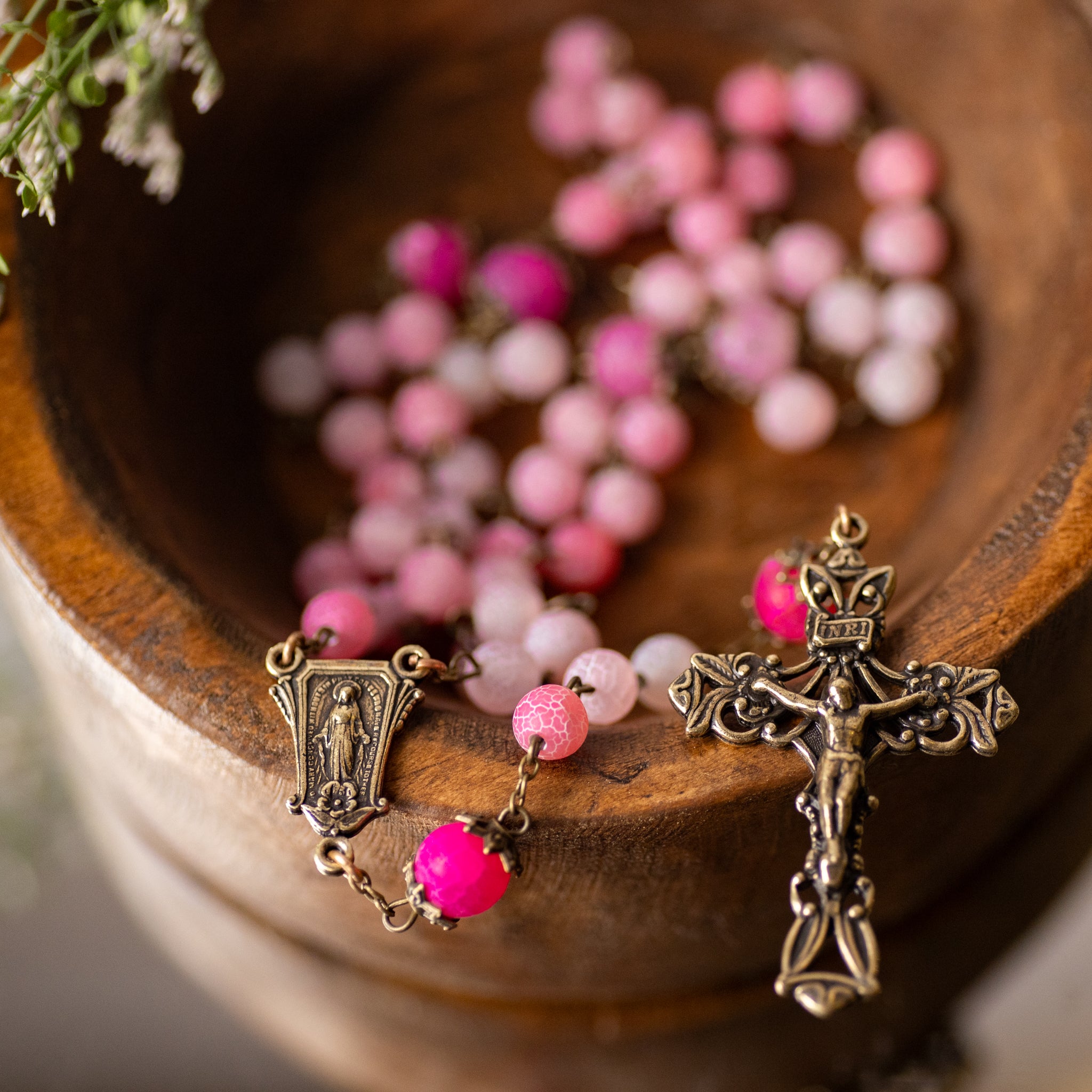 Rosary - Glass - Rose - Antique Bronze - Crackled - Capped Bead - 8mm
