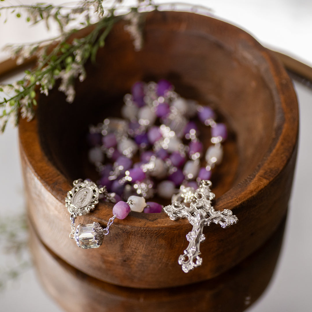 Rosary - Crystal - Frosted Amethyst Crackle - Multi Shade - Square Capped Beads