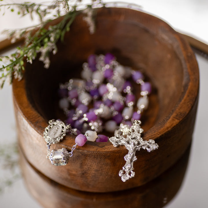Rosary - Crystal - Frosted Amethyst Crackle - Multi Shade - Square Capped Beads