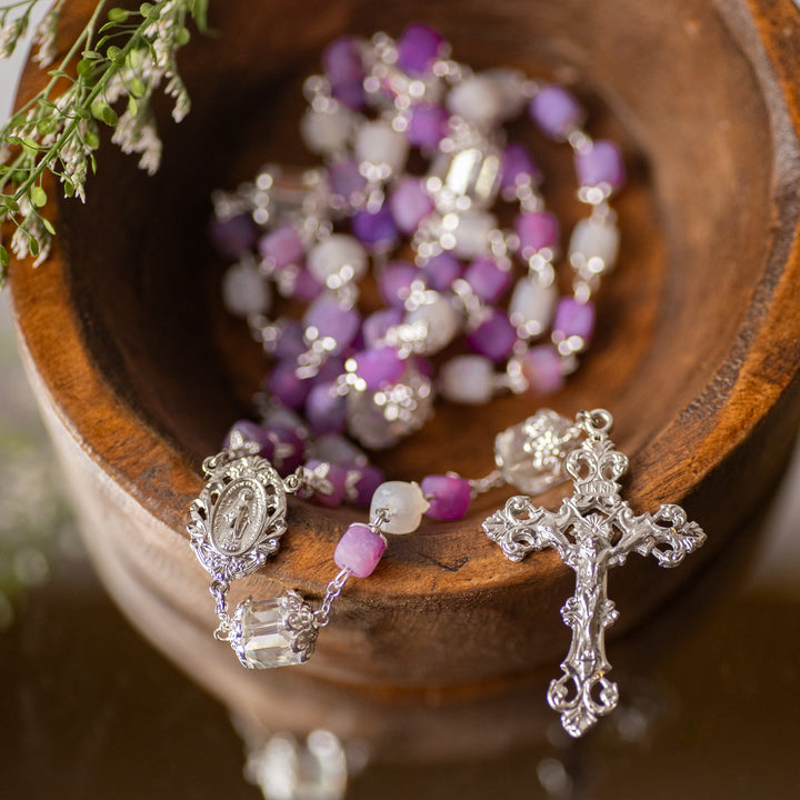 Rosary - Crystal - Frosted Amethyst Crackle - Multi Shade - Square Capped Beads