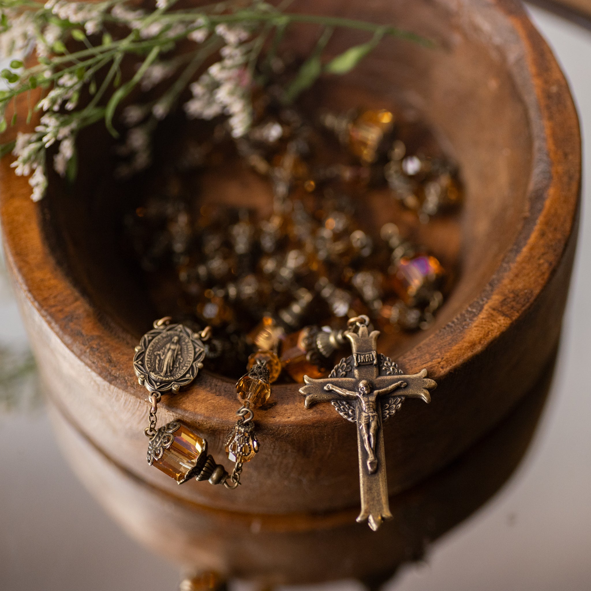 Rosary - Topaz - Faceted Glass/Tulip Capped Cube Beads - Brass Crucifix/Rosary
