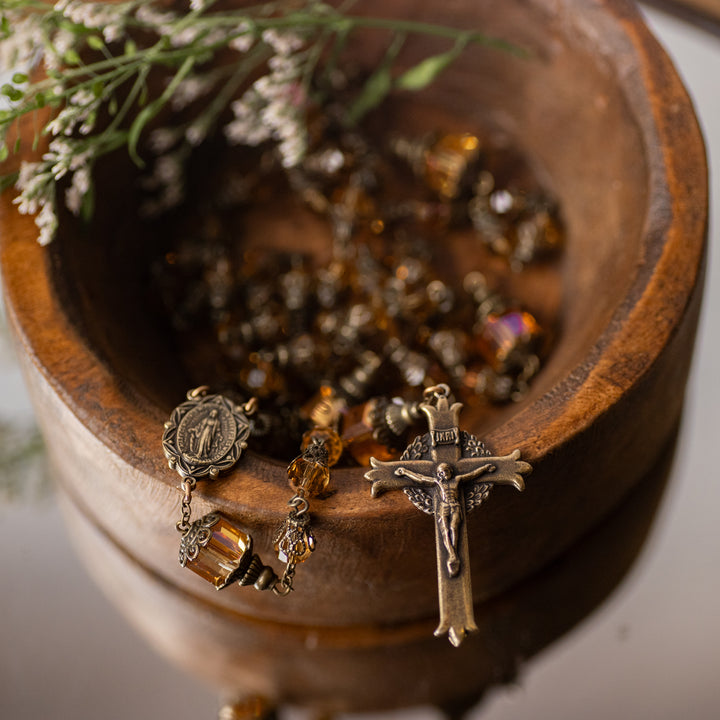 Rosary - Topaz - Faceted Glass/Tulip Capped Cube Beads - Brass Crucifix/Rosary