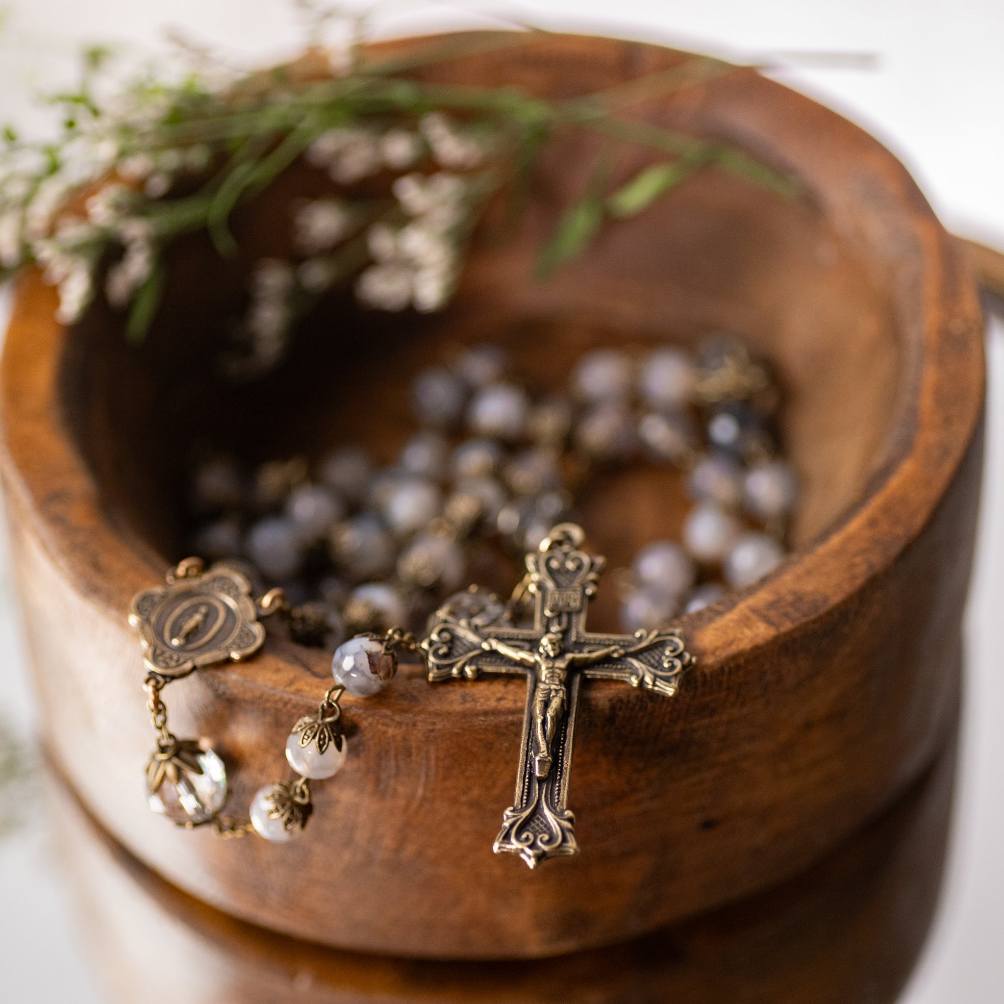 Rosary - Agate - Faceted Crystal/ Capped Beads - Bronze Crucifix/Center
