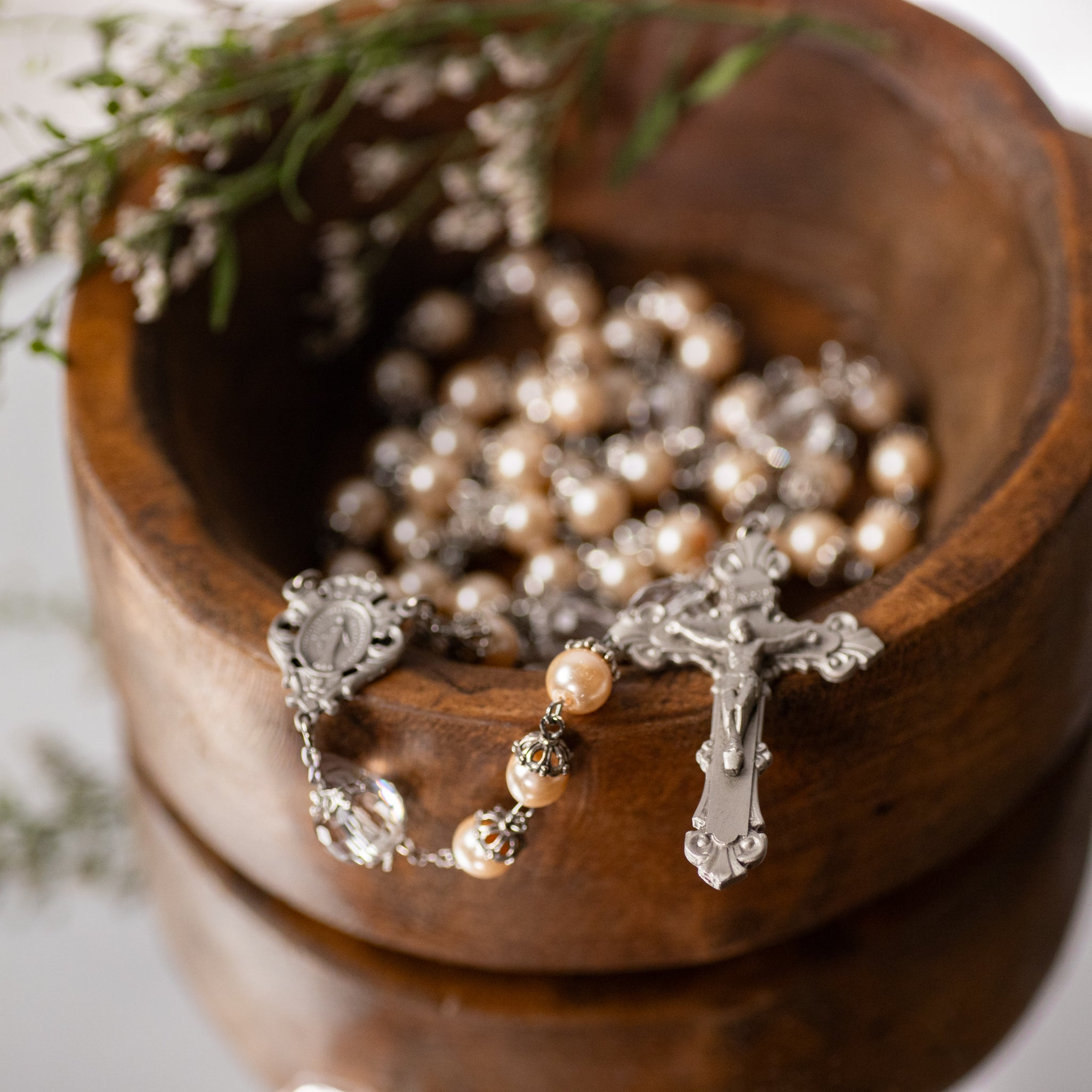 Rosary - Pink - Pearl and Crystal Capped Beads