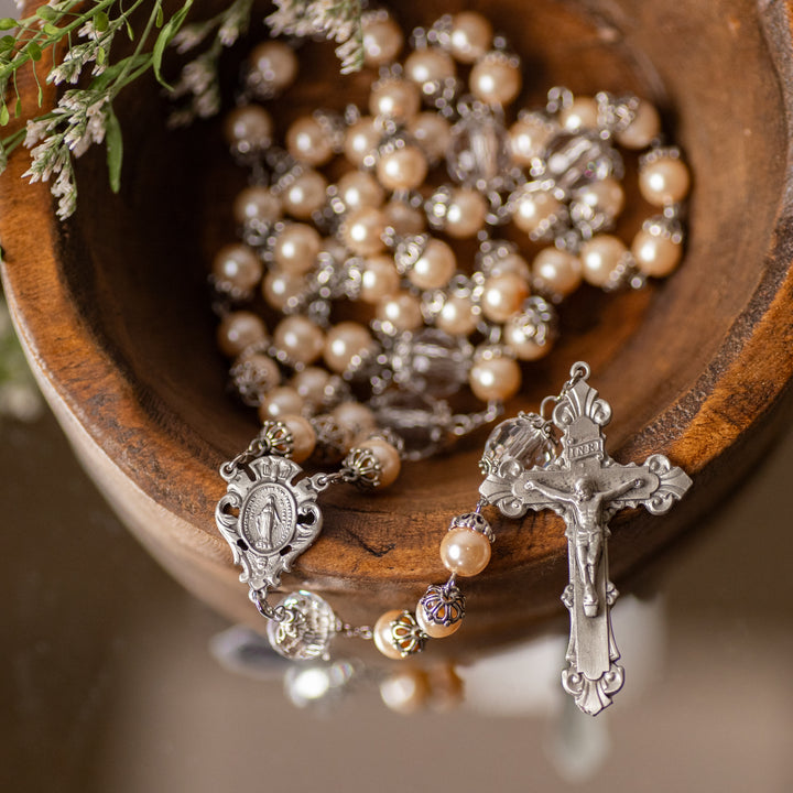 Rosary - Pink - Pearl and Crystal Capped Beads