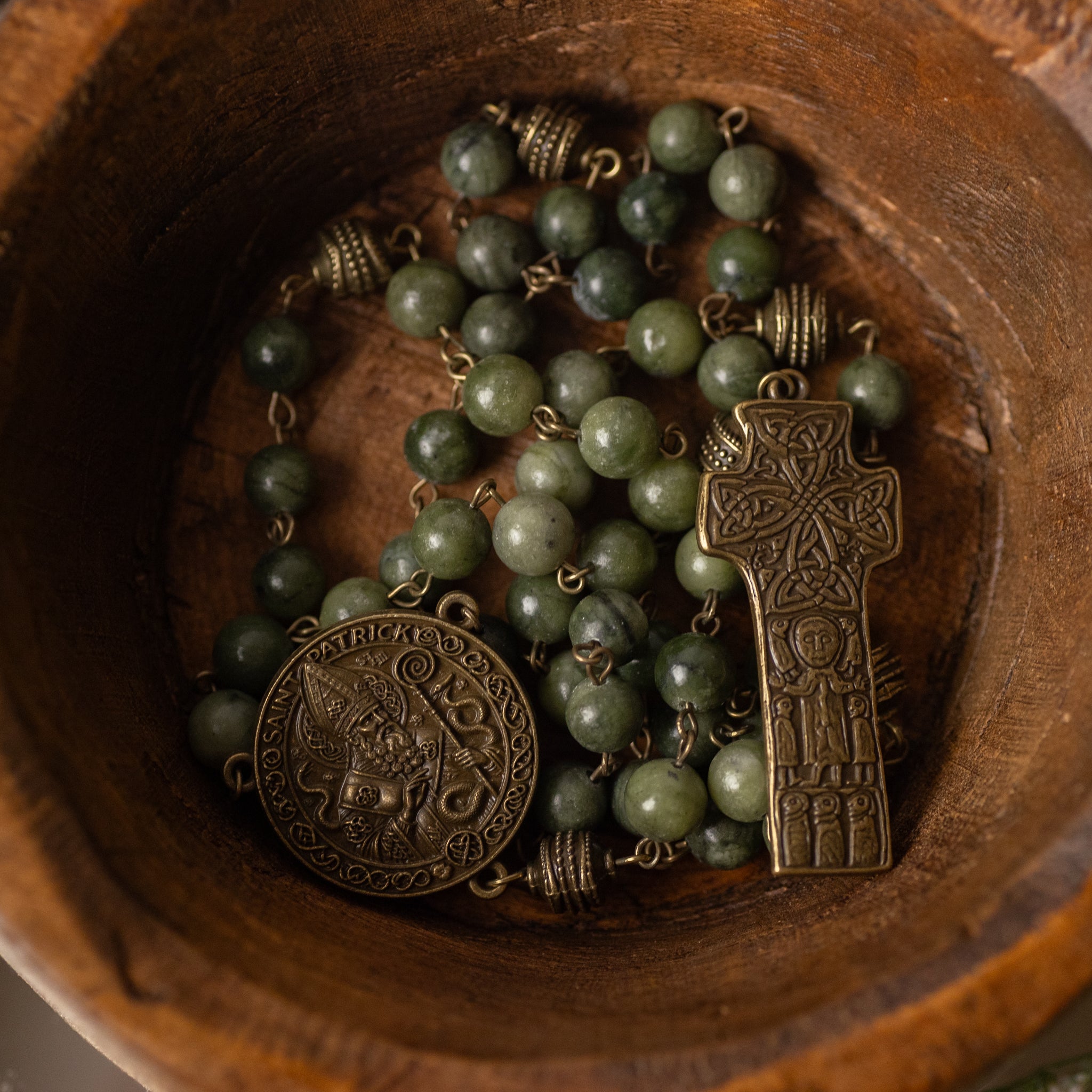 Rosary - St. Patrick - Green Jade - Brass