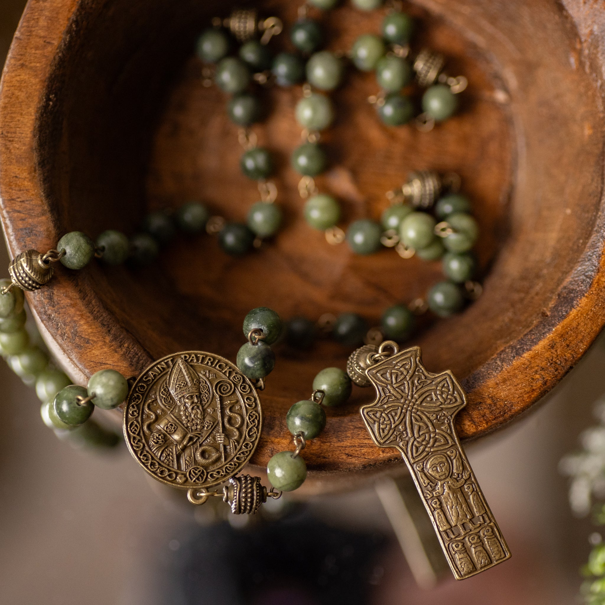Rosary - St. Patrick - Green Jade - Brass
