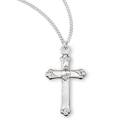Pendant - Cross w/Sacred Heart - Sterling Silver Medal - 18" Stainless Steel Curb Chain