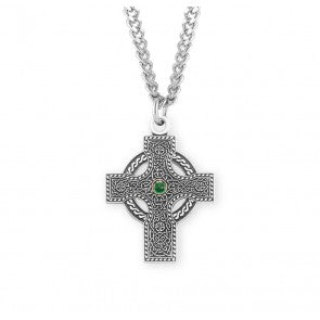 Pendant - Celtic Cross - Iona - Emerald Center - SS - 24" Rhodium Plated Chain