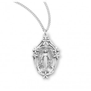 Pendant - MM Oval w/ Flowers - Sterling Silver - 18" Stainless Steel Chain