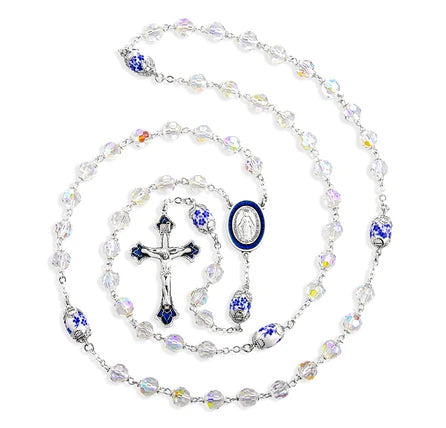 Rosary - Crystal Aurora - Porcelain Capped Beads - Sterling Silver Crucifix/Center