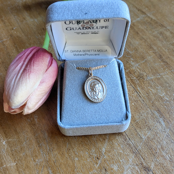 14kt Gold Filled St. Gianna Medium Pendant - 18" Gold Plated Light Curb Chain