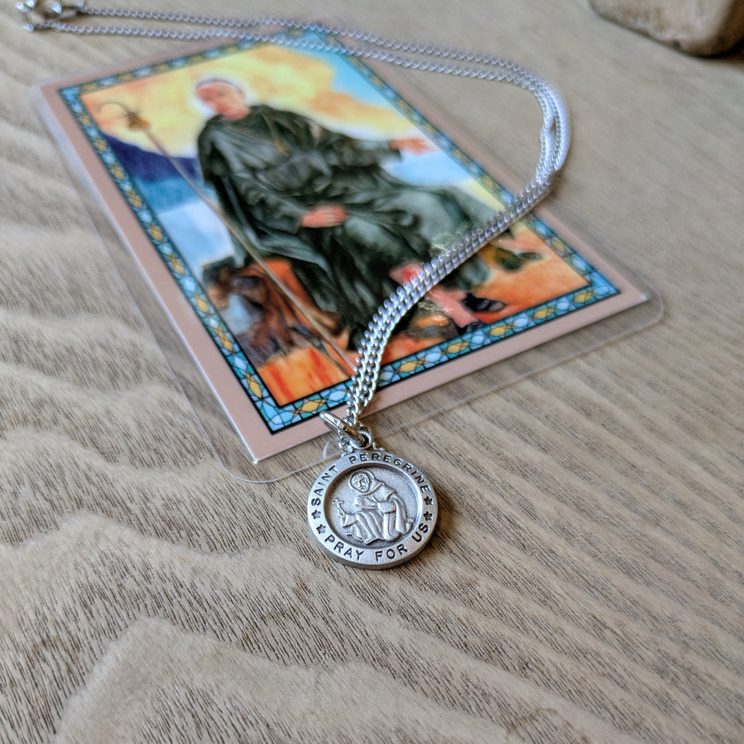 Pendant and Holy Card Set - 18" St Peregrine - Round - Pewter - Silvertone Chain