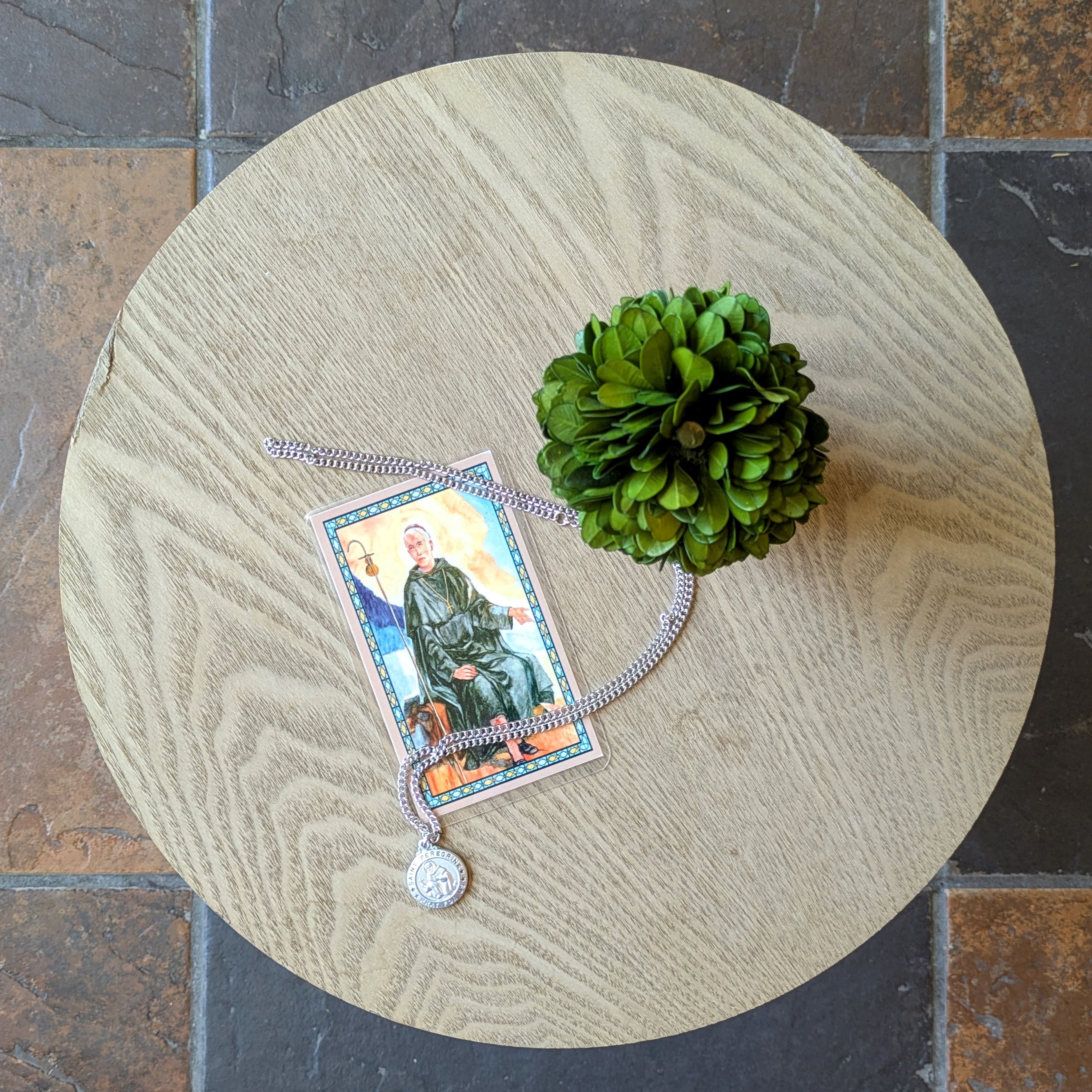 Pendant and Holy Card Set - 24" St Peregrine - Round - Pewter - Silvertone Chain