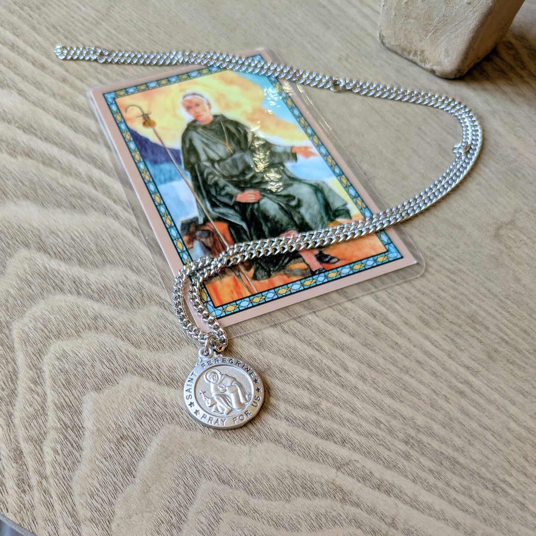 Pendant and Holy Card Set - 24" St Peregrine - Round - Pewter - Silvertone Chain