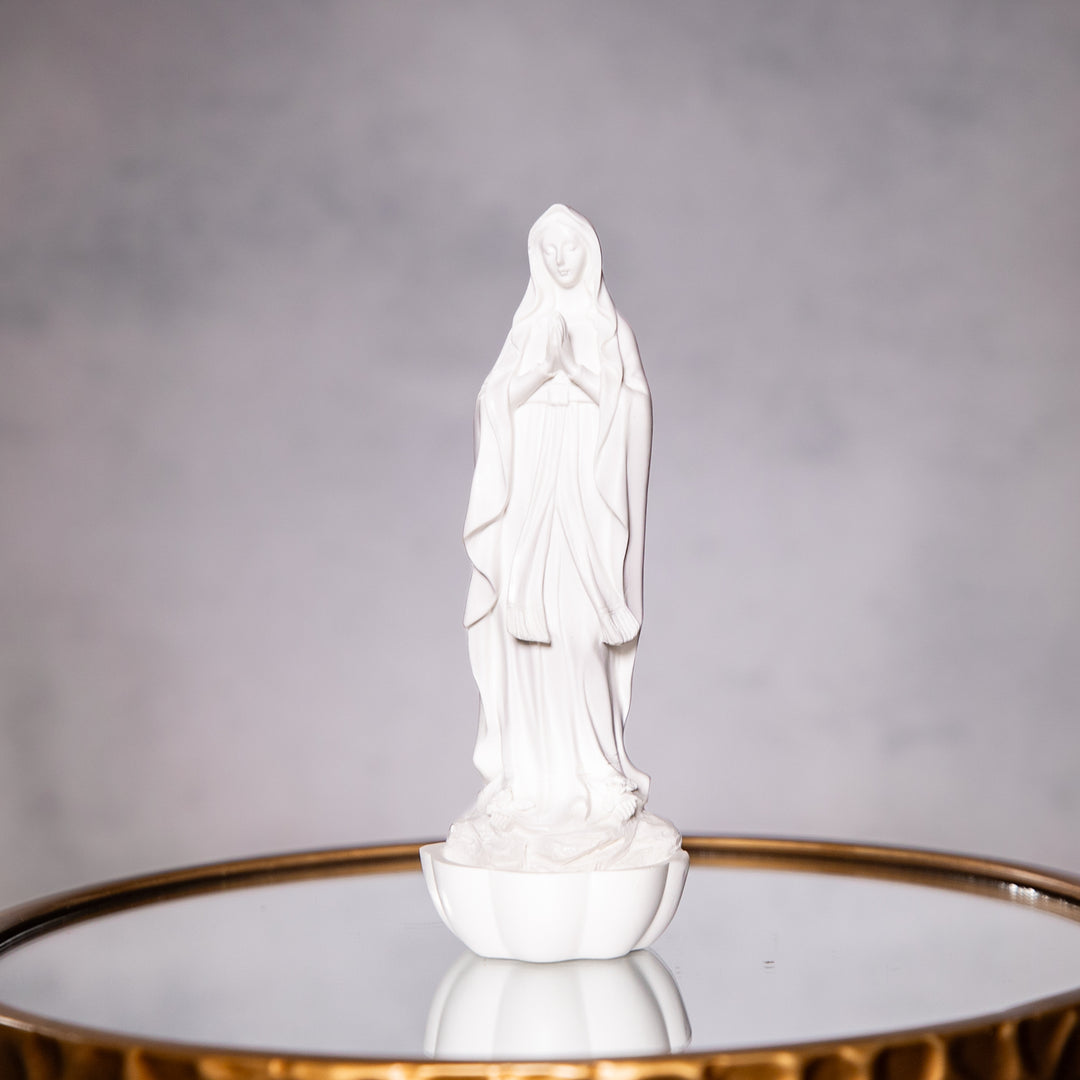 Rosary Holder - OL Lourdes - Resin/Stone Mix - White - 8"