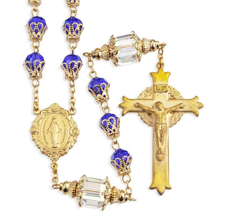 Rosary - Cobalt Blue - Faceted Glass/Tulip Capped Beads - Brass Crucifix/Center