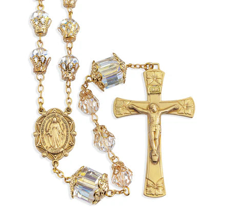 Rosary - Clear - Faceted Glass/Tulip Capped BEads - Brass Crucifix/Center