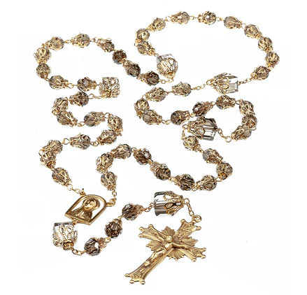 Rosary - Tulip Capped Beads - Smoked Toned - Brass Crucifix/Center