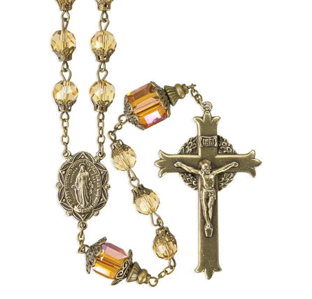 Rosary - Topaz - Faceted Glass/Tulip Capped Cube Beads - Brass Crucifix/Rosary