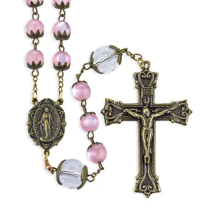 Rosary - Pink Cats Eye - Glass - Bronze Finish