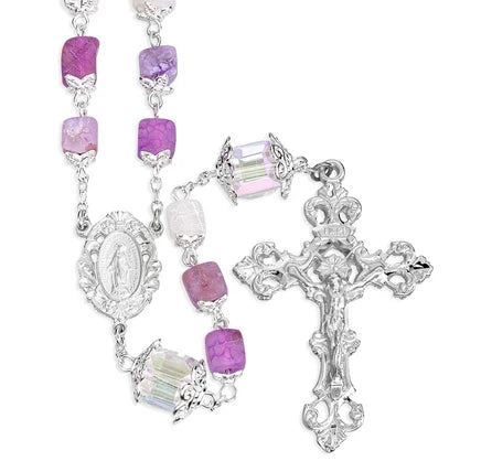Rosary - Crystal - Frosted Amethyst Crackle - Multi Shade - Square Capped Beads