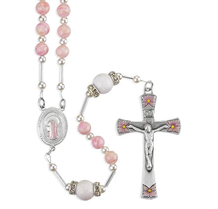 Rosary - Pink Agate - Wire - Pewter Epoxy