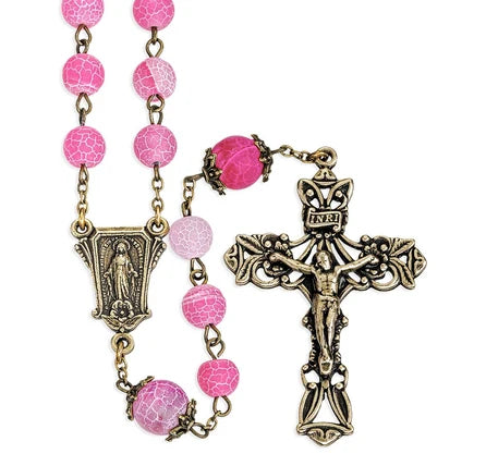 Rosary - Glass - Rose - Antique Bronze - Crackled - Capped Bead - 8mm