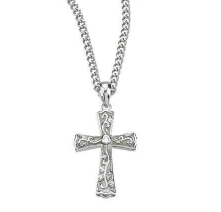 Pendant - Cross - SS - White Epoxy - Cubic Zirconia - 18" Stainless Steel Chain
