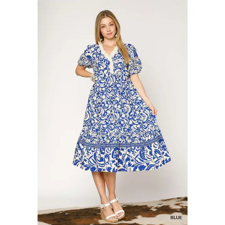 Boarder Print A-Line Midi Dress with Lace Detail