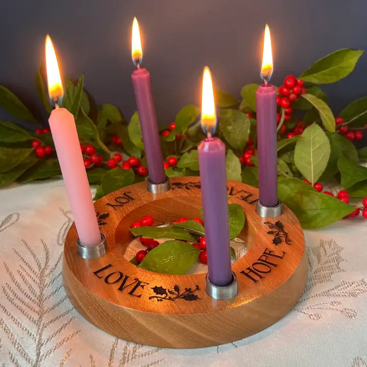 Advent Candle Holder - Mini - Cedar - Engraved - Candles Included